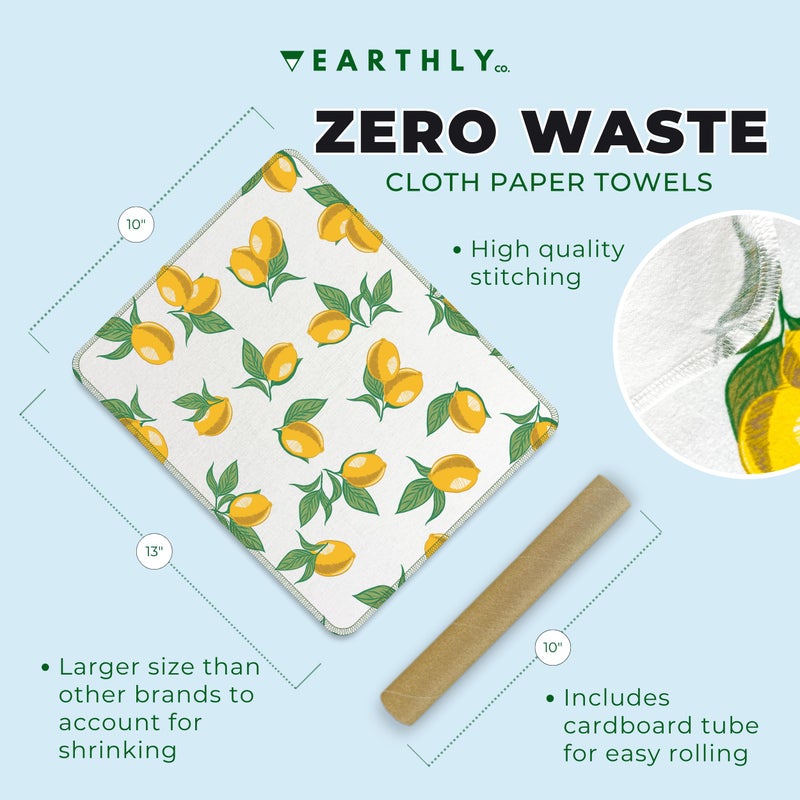 Earthly Co. Reusable Paper Towels - 10 Pack - Roll of Washable Cotton Cloth Paper Towels - Paperless Reusable Napkins Cloth Washable - Absorbent + Long Lasting - Zero Waste Products - (Lemon) - Image 3